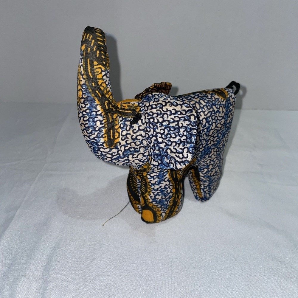 Handmade African Ankara Wax Print Fabric Elephant Stuffed Animal Figurine Blue